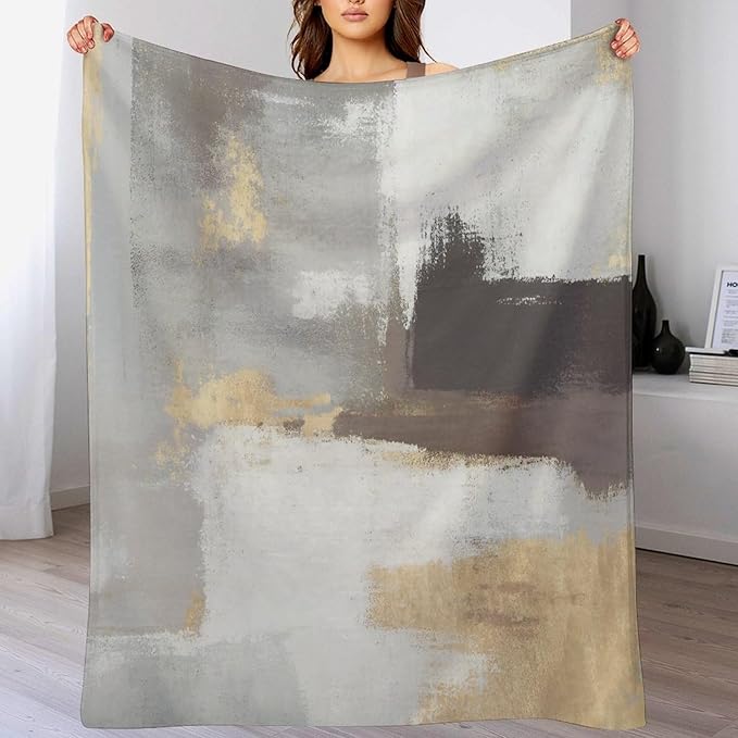 Fashion Gradient Blanket, Modern Abstract Baroque Grey Glod Painting Strokes Pattern Soft Warm Cozy Plush Flannel Covers for Livingroom Bedroom Couch Chair Camping Travel Home Decor Tapestry 60x80in
