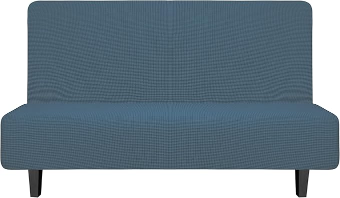Easy-Going Stretch Futon Sofa Slipcover Armless Sofa Bed Cover Furniture Protector Without Armrests with Elastic Bottom for Kids,Soft Jacquard Fabric Small Checks（Medium Futon,Bluestone