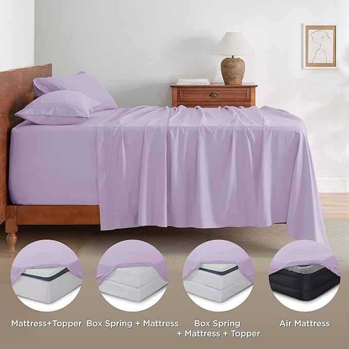 Bedsure Deep Pocket Twin Sheets Set - Fits Mattresses Up to 21 Inches Thick -3 Piece GentleSoft Bed Sheets, Moisture Wicking, Soft & Cooling Bedsheet & Pillowcases, Easy & Secure Fit, Light Purple