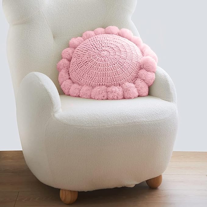 Boho Round Throw Pillow with Cute Handmade Pom Poms Tassels 18 Inch, Decorative Circular Knitted Crochet Cushion for Couch, Sofa, Chair, Bed, Pink