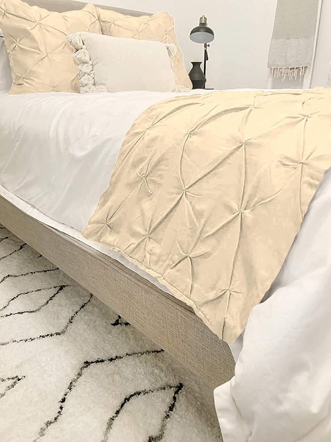 Bed Runner Set - 100% Pure Cotton 800 Thread Count - Luxury 1 Pinch Pleated Bed Runner and 2 Pillow Cover - 3 Piece Pinch Pleated Bed Runner Set Queen, Ivory