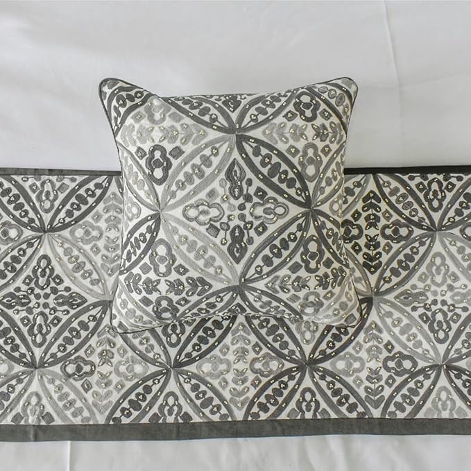 The HomeCentric King/Queen/Twin Gray Designer Full 68"x18" Bed Runner with One Pillow Cover, Moroccan, Pearl, Geometric & Embroidered Bed Scarf on Embroidered Fabric - Meryem