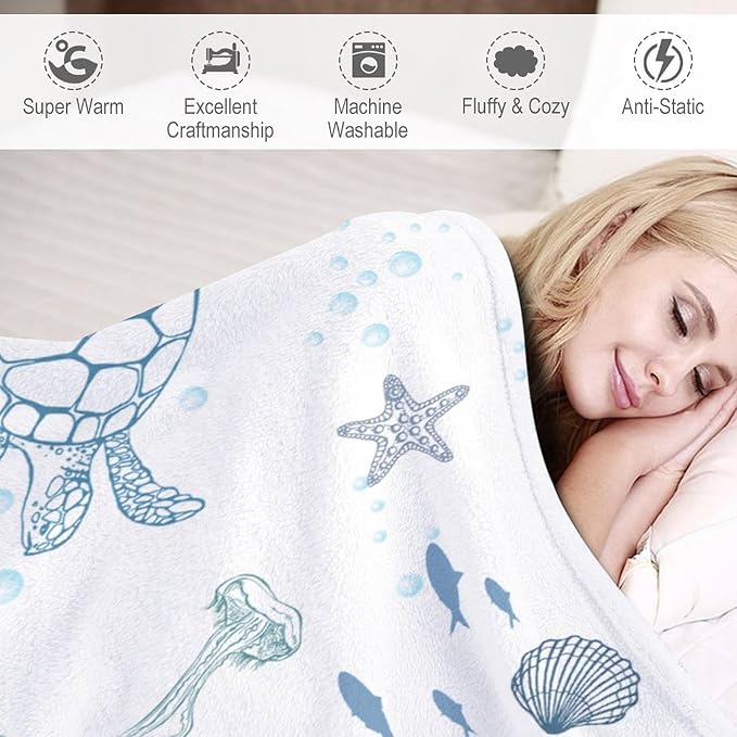 Nautical Turtle Throw Blanket, Coastal Sea Ocean Theme Coral Starfish Seashell Jellyfish Undersea Life Fleece Blanket for Summer Home Bed Sofa Couch Chair, 60"x80"