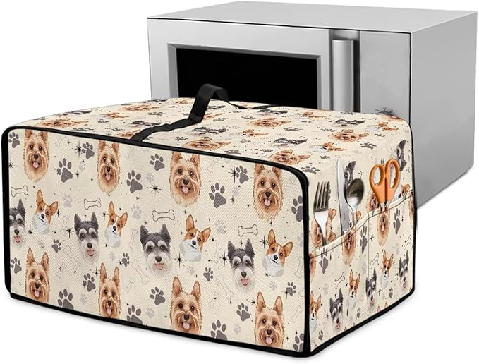 Air Fryer Toaster Oven Dust Cover Washable Fabric Convection Oven Protector with Storage Pockets, S, Yorkshire Terrier Schnauzer Dog Bone Paw Beige Puppy Pattern