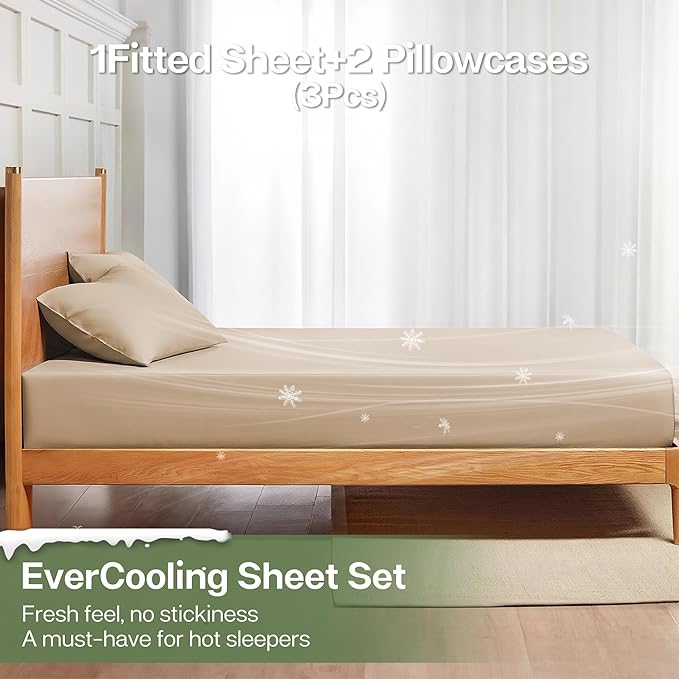 MR&HM Fitted Sheet & Pillowcase Set Queen, 3-Piece Blend Rayon Derived from Bamboo, Silky Soft & Breathable, 15" Deep Pocket with Elastic Straps, Cooling Sheets for Hot Sleepers, Beige