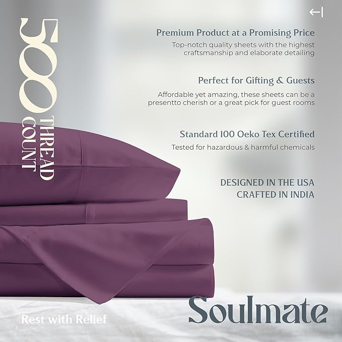 Mayfair Linen 100% Cotton Bed Sheets Queen Sheet Set - 500 Thread Count Sheets Queen Size 4 PC Set (Plum) Soft, Cooling, Hotel-Quality 16" Deep Pocket Sateen Cotton Bedsheet for Hot Sleepers