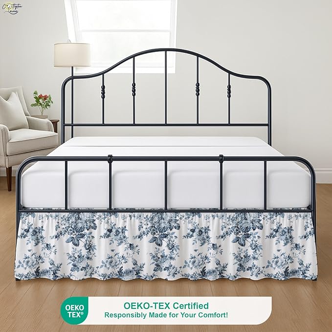 Cottington Lane Ruffled Bed Skirt Full Size with Split Corner, Brushed Microfiber Hotel Quality Dust Ruffle, 24 Inch Drop Gathered Bedskirt, Soft, Stylish, Shrink & Fade Resistant, Blue Floral Bliss