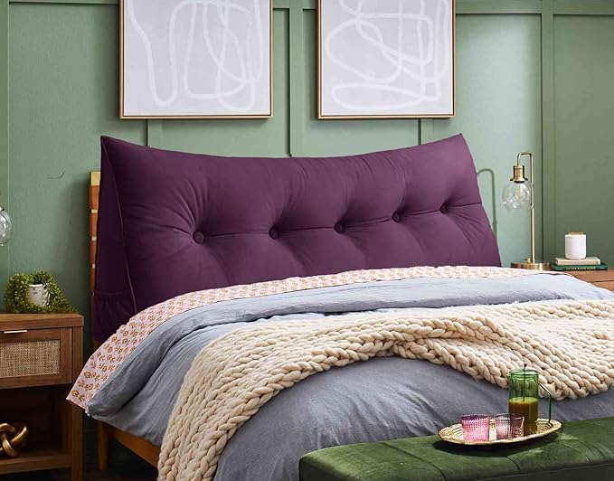 Triangular Reading Bed Rest Pillow Large Bolster Cushion Headboard Backrest Wedge Pillow with Removable Cover and Two Large Side Pockets (Dark Purple, 47 x 8 x 20 inches)