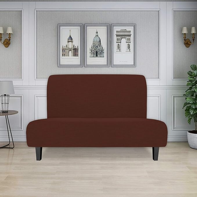 Easy-Going Stretch Futon Sofa Slipcover Armless Sofa Bed Cover Furniture Protector Without Armrests with Elastic Bottom for Kids,Soft Jacquard Small Checks（Medium Futon,Coffee