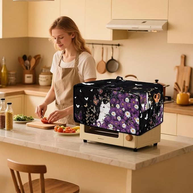 Toaster Oven Cover with Side Pockets, Dustproof Smart Microwave Convection Oven Cover with Handle, for Kitchen Decor, M, 16.5" x 20.5" x 10", White Cat Violet Daisy Butterfly Black