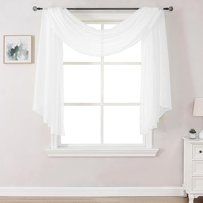 DONREN 144 Inches Long Window Scarf for Party - Luxury Soft Semi Sheer Scarf Valance for Wedding Arch (1 Panel,White,34 Inch Wide by 144 Inch Long)