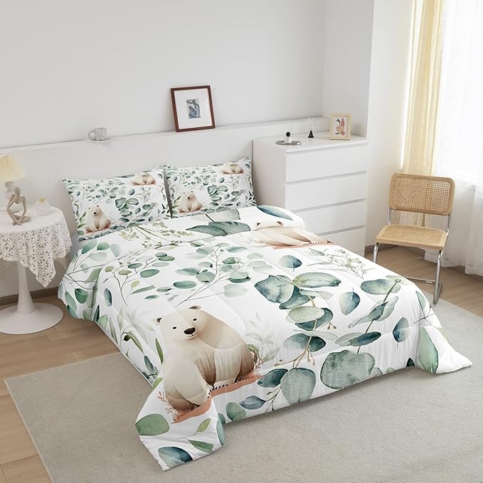 Erosebridal Boys Cartoon Animal Queen Comforter Set for Kids Toddler Kawaii Polar Bear Bedding Set Queen, Arctic Wildlife Bedding Comforter Sets White Green Duvet Set, Eucalyptus Quilted Comforter