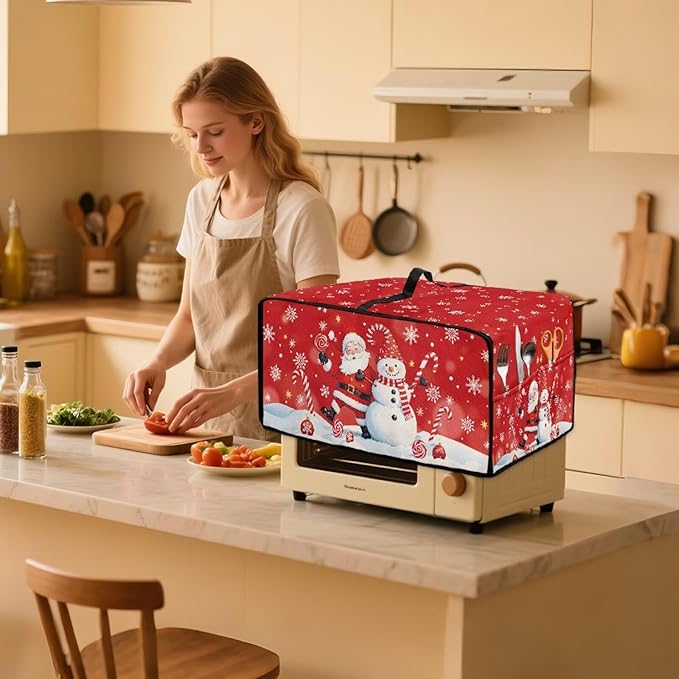 Christmas Toaster Oven Dust Cover Dustproof Smart Oven Air Fryer Microwave Cover with Side Pockets, Electric Appliance Protector for Kitchen, L, Santa Claus Snowman Candy Cane Red