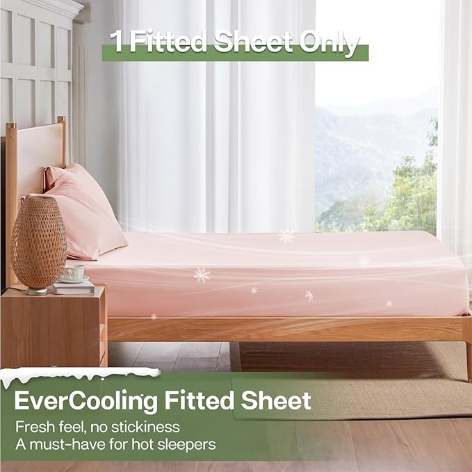 MR&HM Full Fitted Sheet Only, Ultra-Soft Rayon Derived from Bamboo & Polyester Blend, Silky & Breathable, 15" Deep Pocket with Elastic Straps, Cooling Fitted Sheet for Hot Sleepers, Pink
