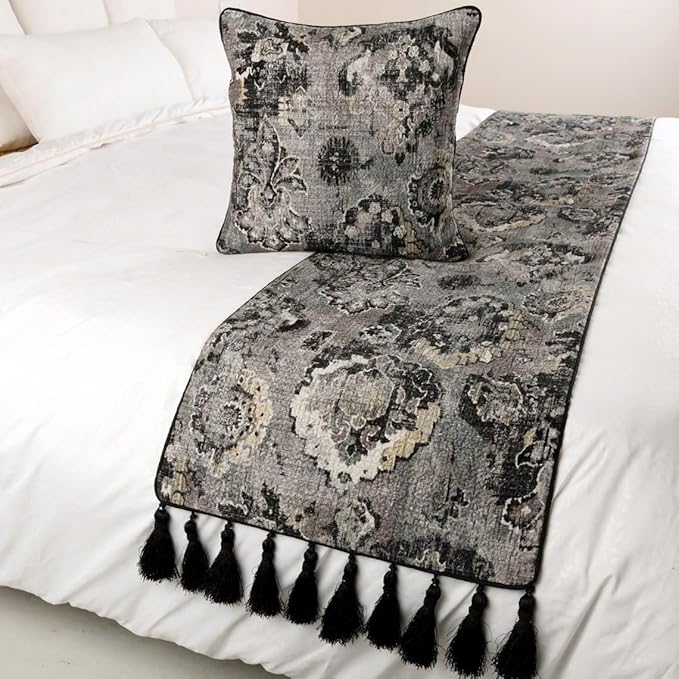 The HomeCentric Luxury Black & Grey Queen 74 x 18 inch Bed Runner with 2 Pillow Cover, Velvet Damask with Tassels Bed Scarf, Abstract Modern - Paved Damask