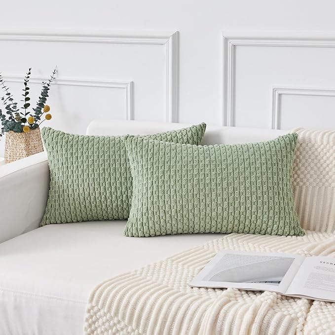 Kevin Textile 12x20 Inch Pillow Cover 1 Pack Boho Decorative Soft Striped Corduroy Lumbar Farmhouse Solid Color Accent Rectangle Cushion Case for Living Room Couch Sofa Bed, Sage Green