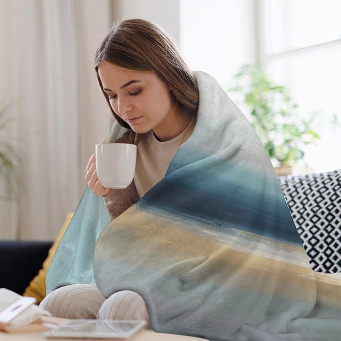 Fashion Gradient Blanket, Modern Art Abstract Blue Sea View Painting Strokes Pattern Soft Warm Cozy Plush Flannel Covers for Livingroom Bedroom Couch Chair Camping Travel Home Decor Tapestry 30x40in