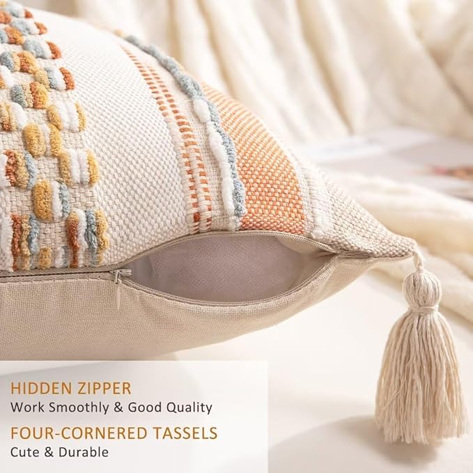 Boho Throw Pillow Covers 18x18 Set of 2 Woven Tufted Farmhouse Pillows Cover with Tassels Textured Striped Cushion Case Neutral Pillow Cases Decorative Pillowcase for Sofa Couch Bed,Orange