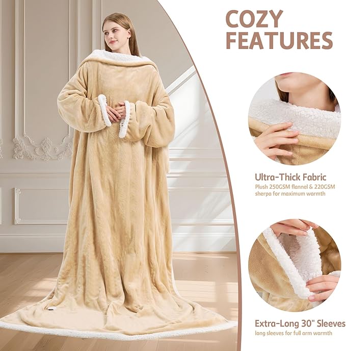 Heated Blanket, 55"×80" Wearable Electric Blanket with Sleeves, Sherpa Snuggle Throw Blanket, Warm Gift for Grandma, Mom, Dad, (Camel)