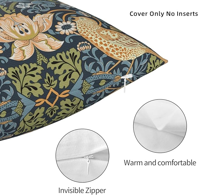 William Morris Vintage Floral Bird Strawberry Thief 16x16 inches Pillow Cover, Outdoor Farmhouse Pillow Cover Home Decor for Couch Sofa