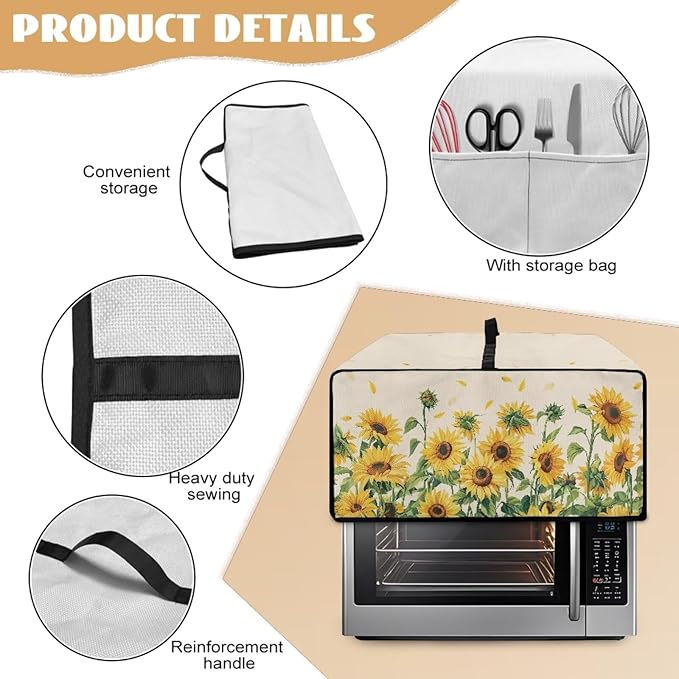 Convection Oven Cover with Storage Pockets, Dust-Proof Small Appliance Protector for Countertop Microwave Toaster Oven, L, 18.5 x 22.5 x 13 Inches, Sunflower Petals