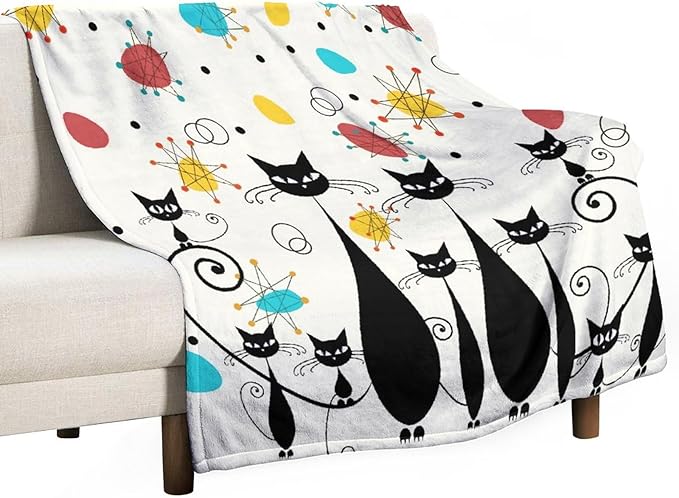 Mid Century Modern Throw Blanket, Atomic Black Cat Starbursts Iconic Sputnik Retro Abstract Geometric 1950s 1960s Throw for Adults Kids Pet, Beige Black 40"x50"