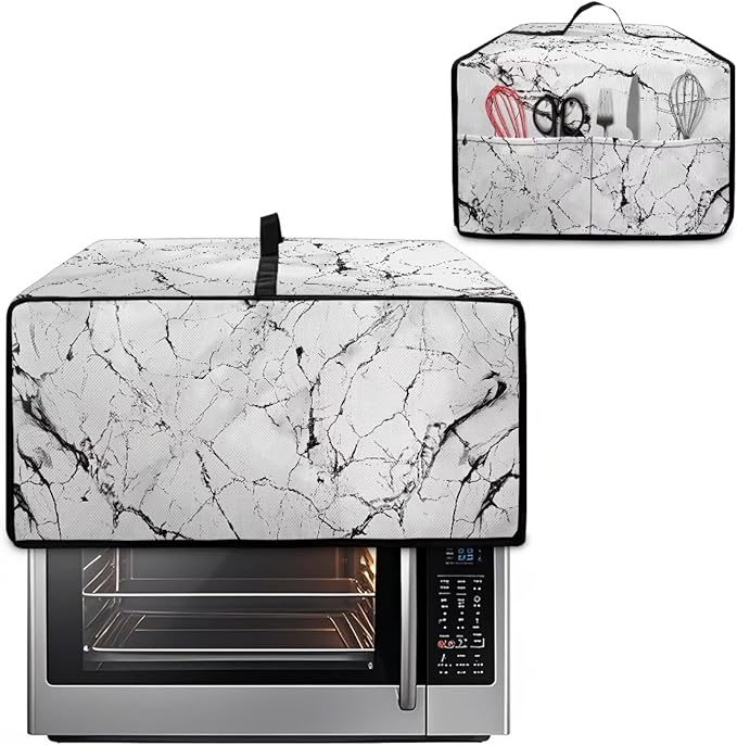Toaster Oven Dust Cover with Pockets, Stain-resistant Kitchen Electrical Appliance Cover Countertop Ovens Decorations, L, 18.5 x 22.5 x 13 Inches, White Marble Black Crack