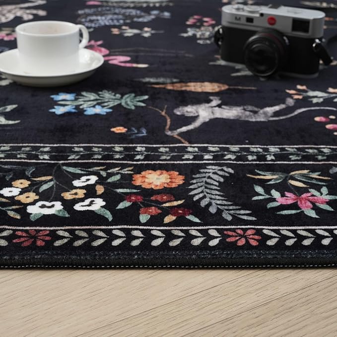 Rugcomf Area Rug 4x6 Rug Washable Boho Rugs Non Slip Low Pile Floral Animal Small Carpet for Bedroom, Bedside, Kids Room, Office, Dining Room (Black)
