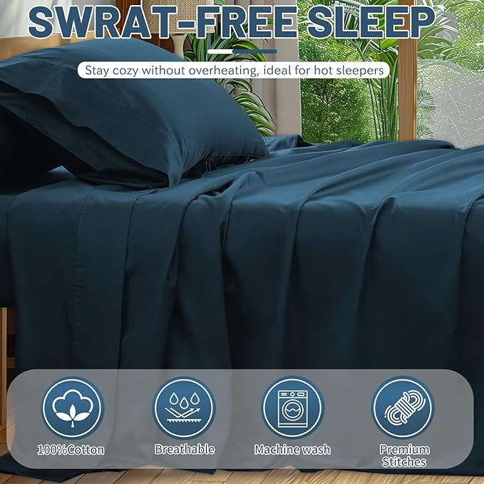 Extra Deep Pocket Queen Sheets 18-24 Inch 100% Egyptian Cotton 1000 Thread Count Sateen Weave Soft Breathable 4 Pieces（Queen,Navy）