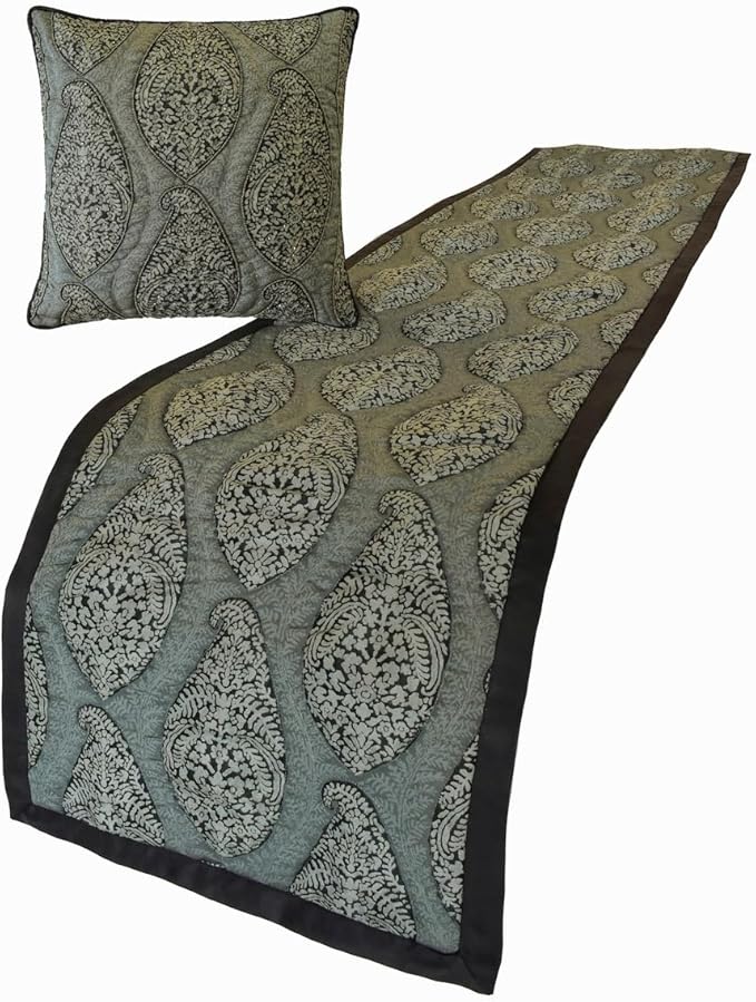 The HomeCentric King/Queen/Twin Grey Decorative Twin 53"x18" Bed Runner with Pillow Cover, Paisley & Beaded Bed Scarf on Jacquard Fabric - Paisley History