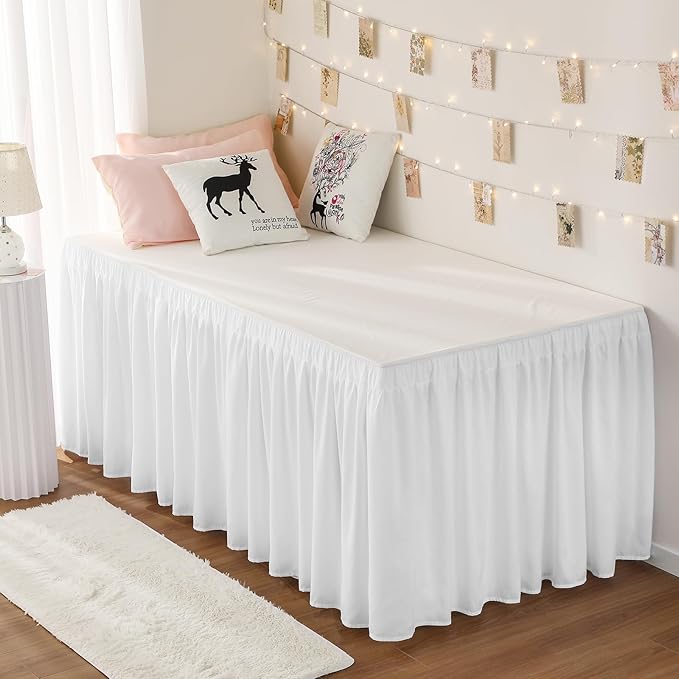 RIMELA Dorm Bed Skirt Twin XL 42 Inch Drop, Easy to Install Extra Long Wrap Around Elastic Dust Ruffle, White Bedskirt Solid Silky Fabric Machine Washable (Twin XL 80“L x 39”W & Twin 75“L x 39”W)
