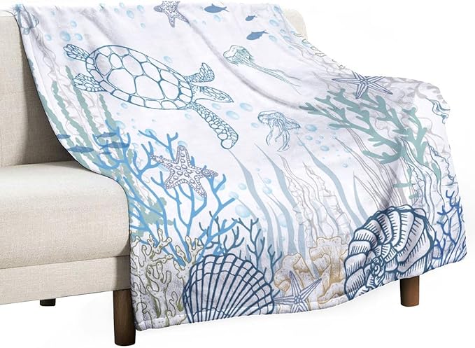 Nautical Turtle Throw Blanket, Coastal Sea Ocean Theme Coral Starfish Seashell Jellyfish Undersea Life Fleece Blanket for Summer Home Bed Sofa Couch Chair, 40"x50"