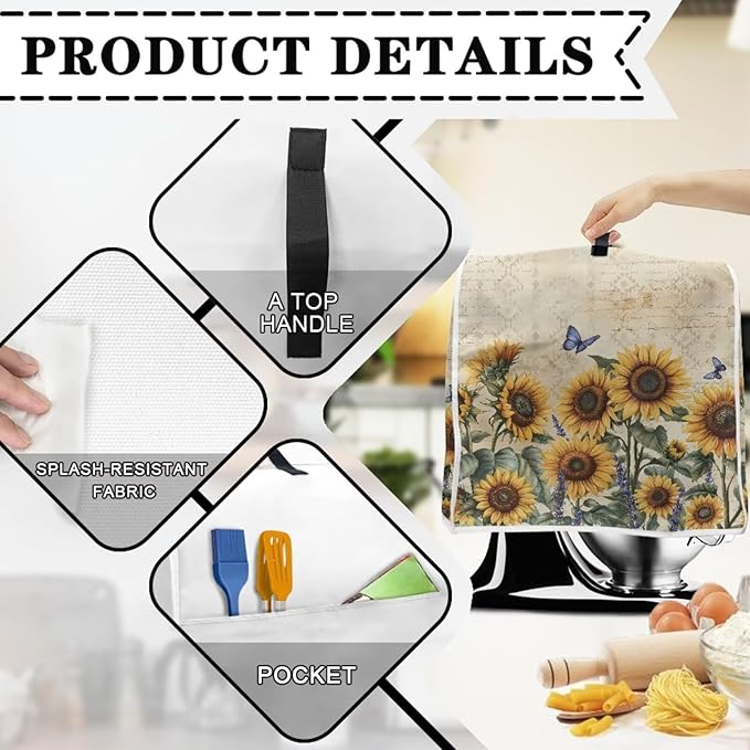 Sunflower Mixer Cover for Kitchen Aid 6-8 Qt Mixer, Yellow Small Appliance Dust Covers Universal for Air Fryers, Coffee Makers, Kitchen Decor Gift for Friends