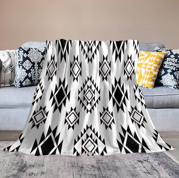Boho Throw Blanket, Black and White Native Blankets, Vintage Tribal Aztec Printed Flannel Blanket for Chair Bed Sofa Couch 40"x50"