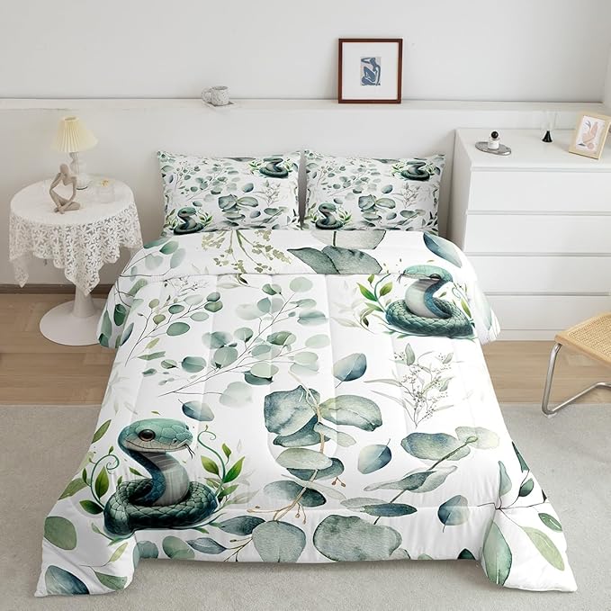 Erosebridal Cute Snake Toddler Bedding Sets for Kids Child Green Eucalyptus Comforter Set, Wild Animal Bedding Comforter Sets Botanical Plant Leaves Duvet Insert, Cartoon Wildlife Down Comforter