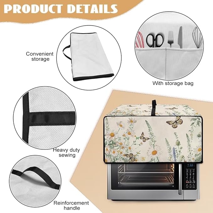 Butterfly Daisy Floral Print Microwave Oven Dust Cover Dust-Proof Heavy Duty Microwave Oven Cover with Storage Pockets Waterproof Decor Accessories for Kitchen, M