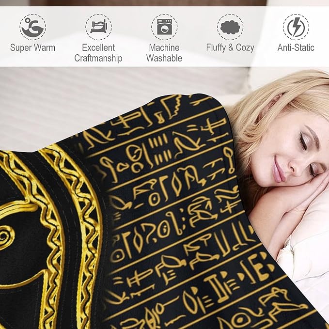 Ancient Egyptian Blanket, Egyptian Eye of Horus Ancient Culture Golden Egyptian Hieroglyphs Alphabet Print Blankets for Couch Sofa Bed Boys Mens, 50"x60"