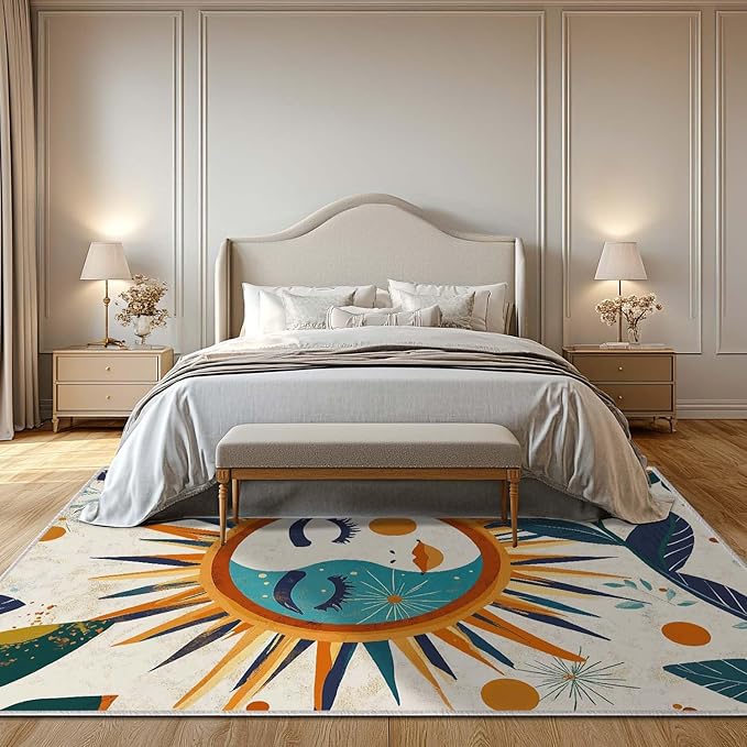 5x7 Sun and Moon Area Rug Leaf Orange Yellow Blue Beige Rug Non Slip Low Pile Large Carpet for Home Kitchen Living Room Bedroom Dining Room Office