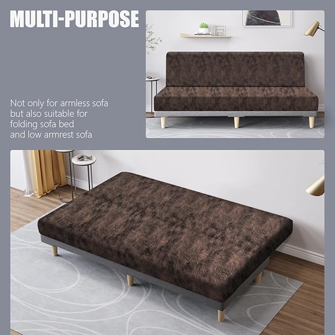 molasofa Leather Like Stretch Futon Slipcover Armless Futon Bed Sofa Cover Furniture Protector with Elastic Bottom, Soft and Washable Futon Cover for Sofa Bed Stay in Place（Larger，Brown）