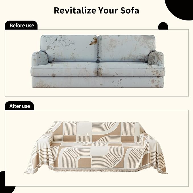 Boho Couch Cover Sofa Covers Washable, Chenille Couch Covers for 3 Cushion Couch Sofa Pet Friendly, Bohemian Sofa Slipcovers for Sectional Sofa, Loveseat, 2 3 4 Seater (71" x 134", Khaki)
