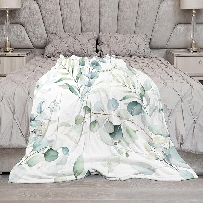 Eucalyptus Leaf Throw Blanket, Watercolor Floral Spring Botanical Green Plants Herb Print Cozy Plush Blanket for Bedroom Living Rooms Sofa Couch, 50"x60"