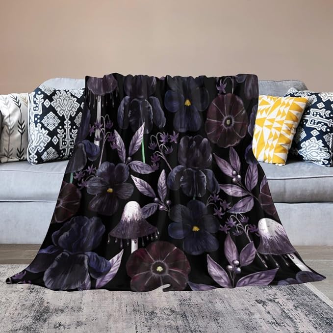 Gothic Floral Blanket, Vintage Abstract Black Purple Peony Flowers Mushroom Print Throw Blanket for Room Bedding Couch Decor Soft Lightweight Warm Cozy, 50"x60"
