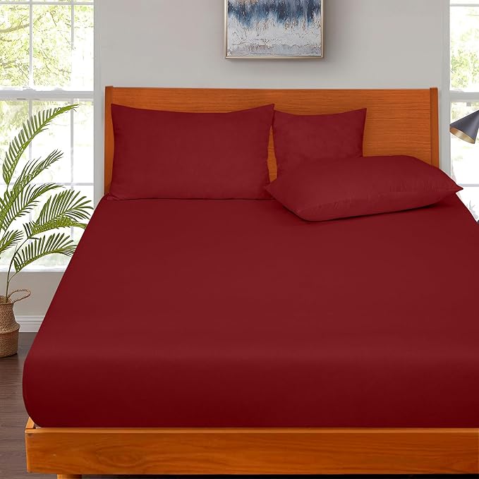 ROYALE LINENS 300 Thread Count 100% Long Staple Combed Cotton Fitted Sheet Twin - Super Soft Deep Pocket Bottom Sheet - Fitted Sheets Only - Elastic Sheets (Twin, Red)