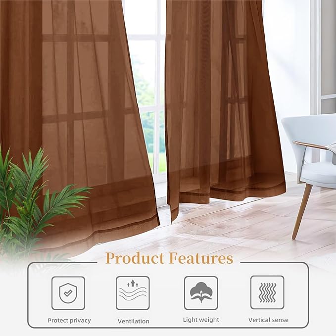 Sheer Curtains 84 Inches Long 2 Panels, Rod Pocket Short Curtain for Kitchen, Bedroom, Cafe Window(Brown 38" W x 84" L)