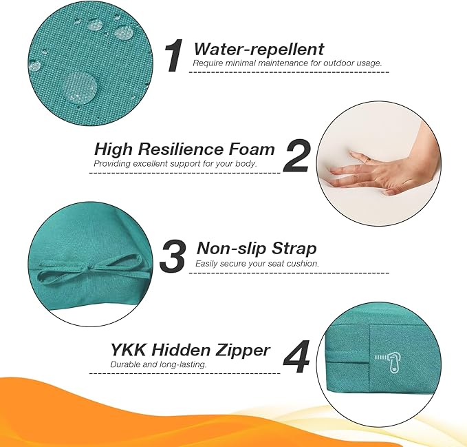 Outdoor High Back Chair Cushion Seat Pads, 44 x 21 Inch Water-Repellent & Fade-Resistant Patio Furniture Cushions with Ties for Adirondack, Rocking Chairs, Turquoise