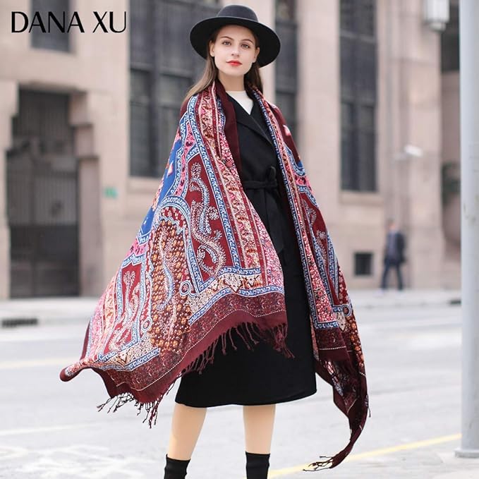 DANA XU 100% Merino Wool Extra Large Pashmina Blanket Travel Scarf Cashmere Wrap for Women Fall Winter Oversize Shawl Floral