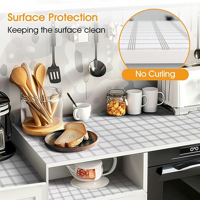 Shelf and Drawer Liner for Kitchen Cabinets Non-Adhesive, Strong Grip Non-Slip Thickened Cabinet Liners for Shelves, Waterproof Mats for Dresser Cupboard, White Square, 12 in x 10 Feet