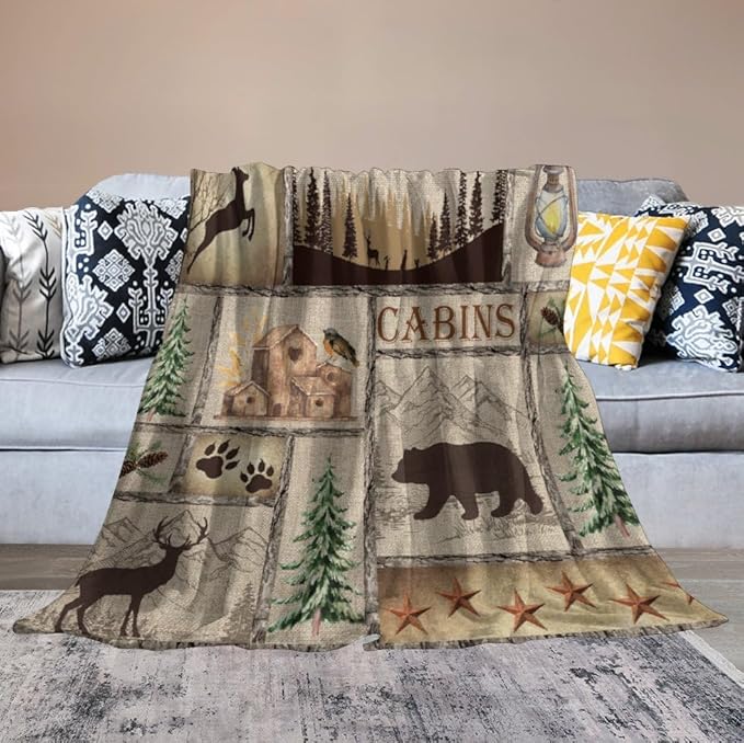 Rustic Cabin Bear Blanket, Lake Country Lodge Bear Deer Forest Farmhouse Camp Print Soft Warm Cozy Lightweight Decorative Blanket for Couch Bed Sofa Travel, 40"x50"