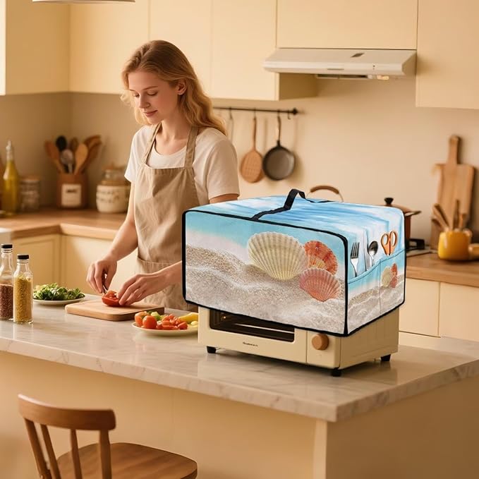 Toaster Oven Dust Cover Protective Microwave Oven Cover with Pockets, Small Appliance Decor for Kitchen Countertop, M, Beach Seashell