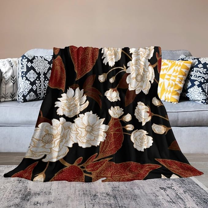 Red Gold Floral Blanket, Boho Dark Flower Leaves Chinese Plum Blossoms Botanical Vintage Throw Blanket for Bed Living Room Bedding Couch Soft Lightweight Warm Cozy Decor, 60"x80"